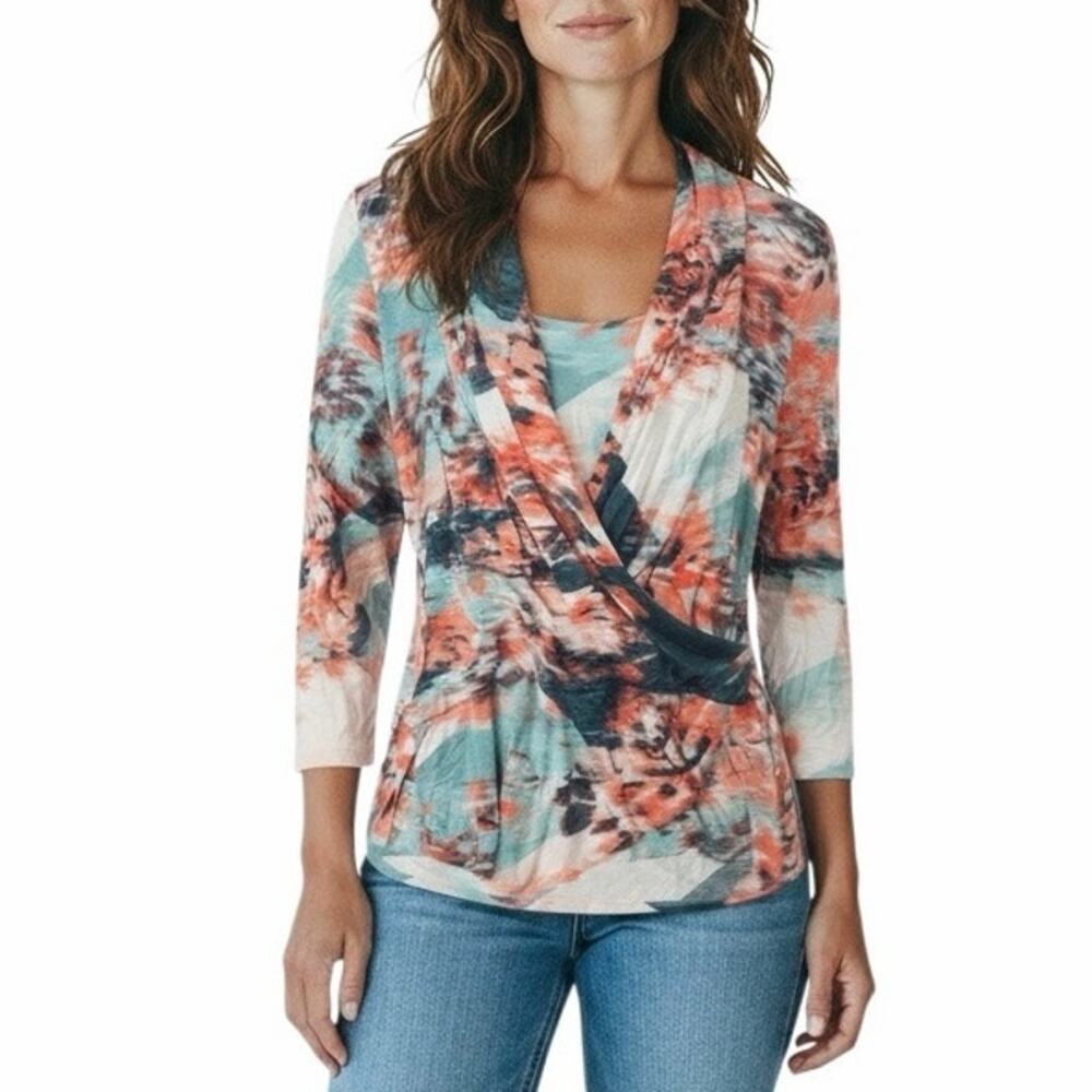 Jennifer Lopez JLo Multicolor Abstract Print Wrap Blouse Long Sleeve Large - Picture 2 of 10